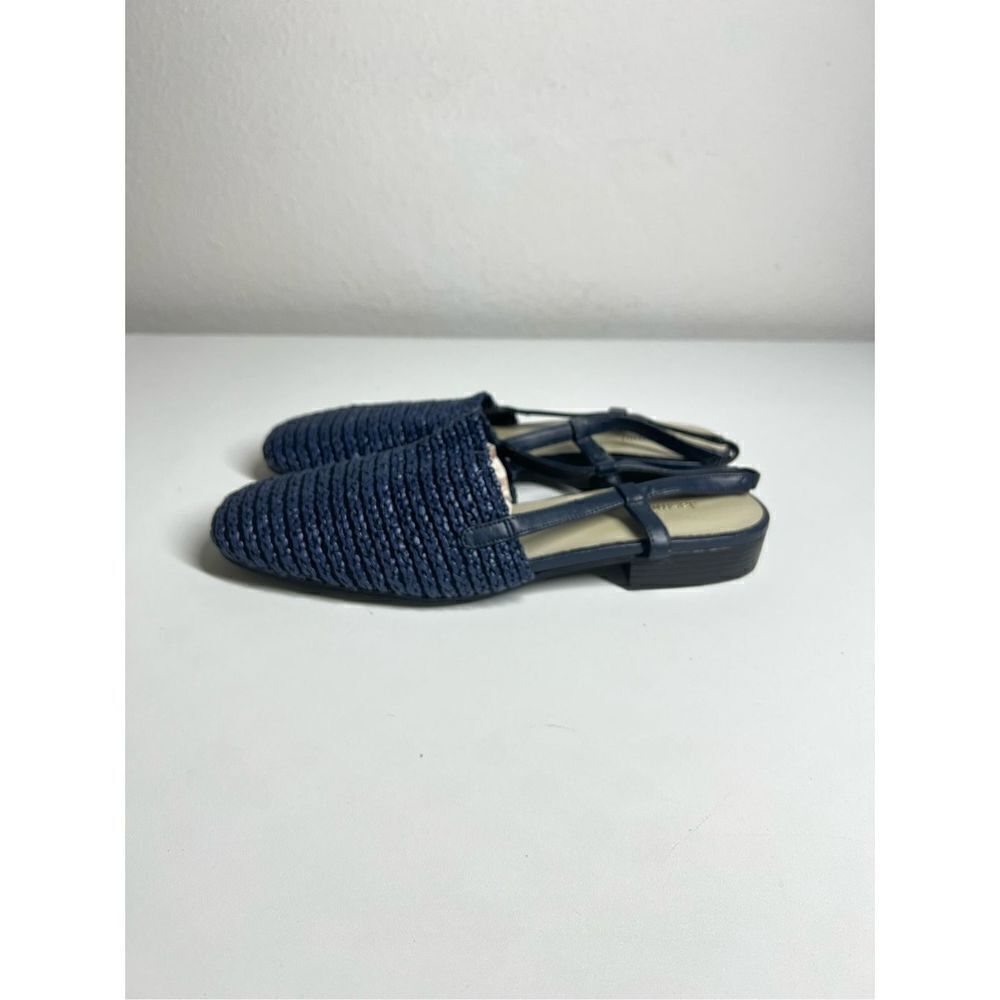 Jasmin Navy Blue Stretch Macrame  Leather Combination Flat Heel Sling Back Slip